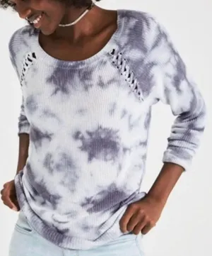 AMERICAN EAGLE Shoulder Stitch Sweater Gray Black ? Tie Dye Boho Crew Neck Boho thumbnail 1