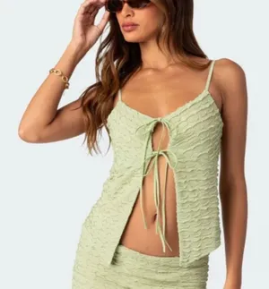 Edikted | Alessia Tie Front Ruffled Y2K‎ Open Top in Green thumbnail 1