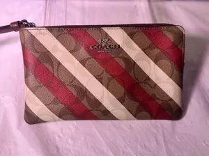 Coach Diagonal Stripe Signature Wristlet - Red, Brown, Cream thumbnail 1