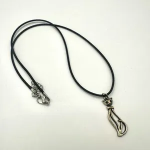 Silver tone cat pendant necklace on black cord thumbnail 3
