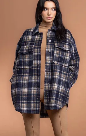 NWOT No Vacancy Brushed Wool Plaid Shacket - Navy and Tan thumbnail 1