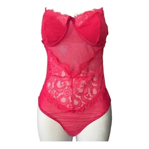 Pink Floral Lace Scalloped Sheer Lingerie Teddy Bodysuit Size S thumbnail 3