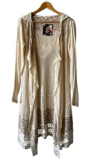 Miss Me Pointelle & Crochet Hooded Cardigan Sweater Medium NWT thumbnail 1