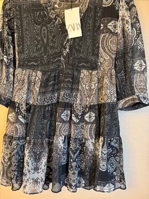 NEW! ZARA Black Gray Paisley Tiered Mini Dress SMALL Semi Sheer Balloon Sleeves thumbnail 6