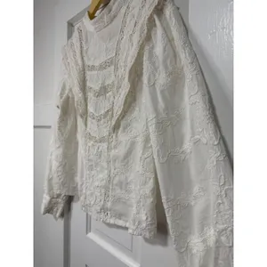 Ultra Pink White Embroidered Lace Victorian Mock Neck Cotton Blouse Top Medium thumbnail 6