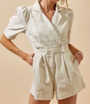 Cream Short-Sleeve Linen-Blend Romper with Tailored Waist thumbnail 1
