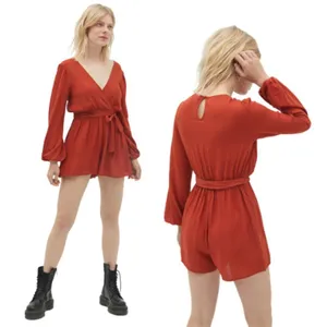 Urban Outfitters Mona Surplice Long Sleeve Romper Sz‎ Medium Rust Orange Viscos thumbnail 2