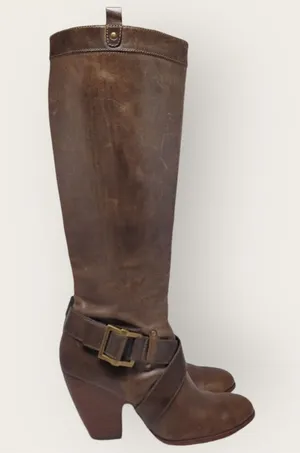 Frye Andrea Belted Tall Full Zip Brown Leather Riding Boot Size 10M 77321 thumbnail 1