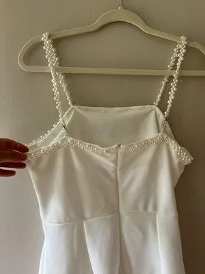 White Mini Dress Sz S - M Bandeau neckline decorated with faux pearls straps thumbnail 5