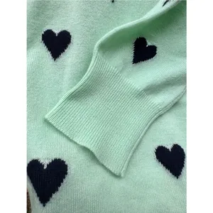 J.Crew 100% Cashmere Heart Print Sweater Mint Green Navy Blue Hearts XL Crewneck thumbnail 4