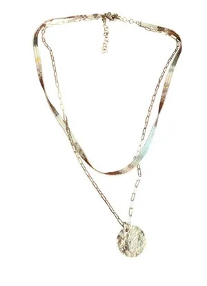 Gold Tone Layered Chain Necklace Herringbone Chain Link Textured Round Pendant thumbnail 1