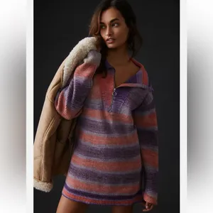 Anthropologie Daily Practice Half-Zip Tunic Sweater Mini Dress Striped M thumbnail 2