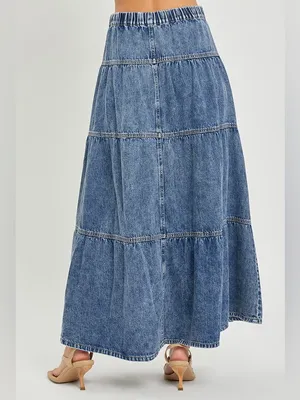108- Risen High Rise Tiered Denim Ruffle Maxi Skirt Size XL thumbnail 2