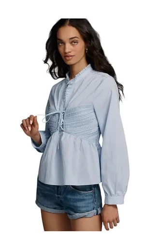 Anthropologie Mare Mare Long-Sleeve Cinched Front Top Pastel Blue Blouse Medium thumbnail 1