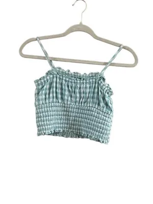 American Eagle Outfitters Mint Gingham Smocked Crop Top thumbnail 4