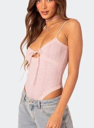 Edikted Size XS Light Pink Lacey Knit Cut Out Snap Bodysuit NEW thumbnail 1