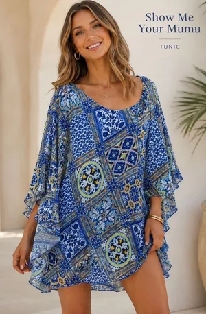 Show Me Your Mumu Tunic Top Large Blue Yellow Tile Print Flutter Sleeve‎ Sheer L thumbnail 1