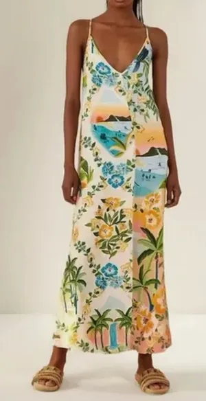 Farm Rio Tropical Floral Slip Dress in Yellow, Blue & Green Size Small thumbnail 1
