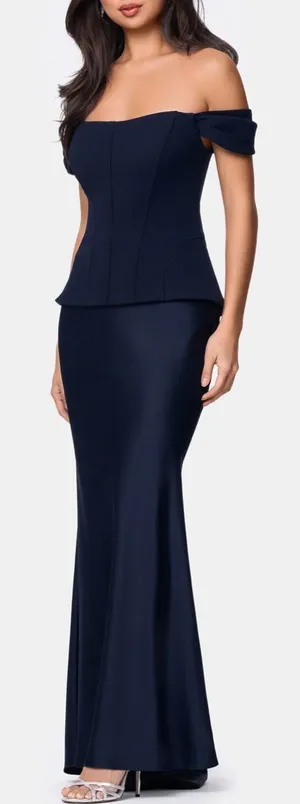NEW Betsy & Adam Off the Shoulder Mixed Media Satin Navy Gown Sz 4 thumbnail 1