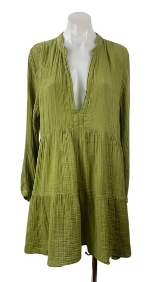 NEW by Anthropologie Kallie Sage Green Long Sleeves Tiered Flowy Tunic Dress L thumbnail 1