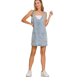 Zenana Denim Overall‎ Dress with Front Pockets - Light - Large thumbnail 6