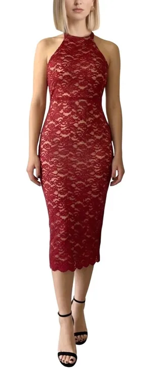 Emerald Sundae Red Glitter Lace Halter Open Back Midi Dress Size S NWT thumbnail 1