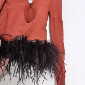 Poster Girl Mira Cutout Top OS Burnt Henna Chocolate Brown Ostrich Feathers Crop thumbnail 6
