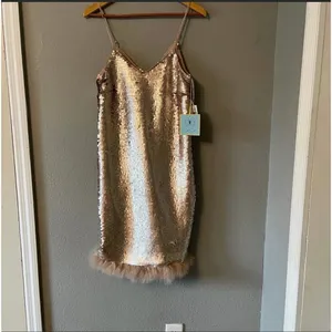 New CeCe Sequin Feather Trim Bohemian Luxe Dress thumbnail 3