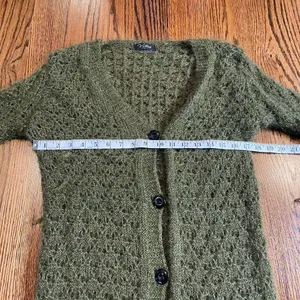 Chartreuse Olive Green Open Knit Fuzzy Cardigan Size M thumbnail 4