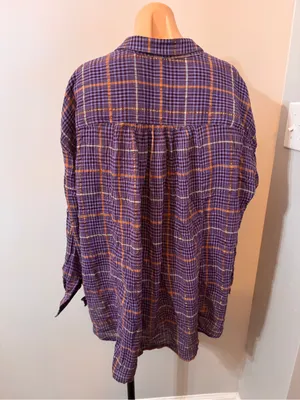 Free People Break My Stride Purple Plaid Button Down Shirt Top Medium thumbnail 6