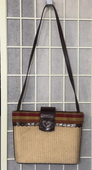 Vintage Brighton Style Y2K Handbag Brown‎ Leather Hearts Trim Plaid Straw Purse thumbnail 1
