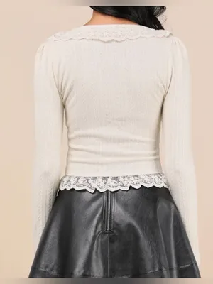 LULUS Women’s Coquette Appeal Cream Pointelle Lace Long Sleeve Top Size Medium thumbnail 2