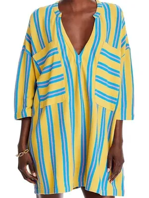 Free People FP Beach Daya Striped Tunic Dress Yellow Blue Pink Oversized M Boho thumbnail 1