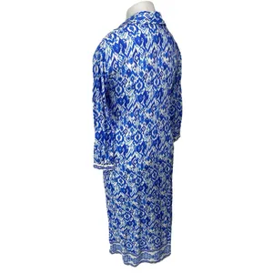 Women's Blue White Long Sleeve Abstract Argyle Button Up Maxi Shirt Dress Size L thumbnail 2