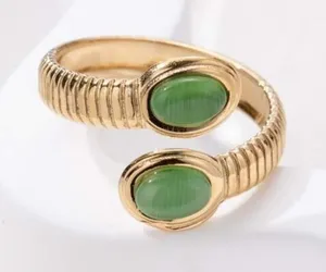 Stainless Steel Simple Opening Ring stone green gold NEW thumbnail 1