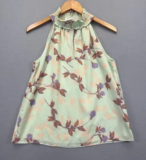 Amanda Uprichard Floral Halter Blouse Mint Green Ruffle Neck Sleeveless Top L thumbnail 1