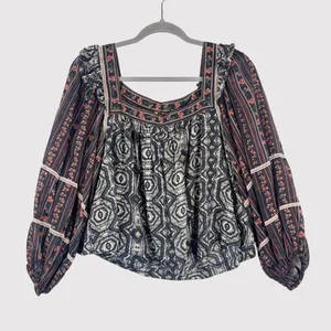Free People Womens Top Gray Mostly Meadow Blouse Aztec Babydoll Boho Medium thumbnail 2