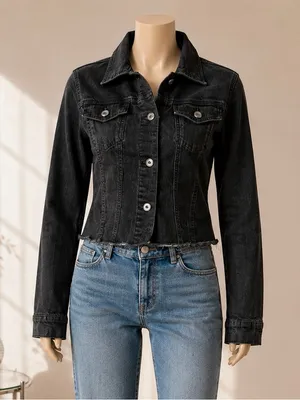 Wrangler Authentics Y2K Black Denim Jacket Raw Hem Cropped Size S thumbnail 1