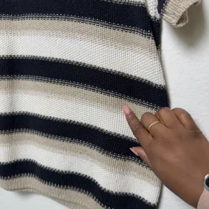 VTG‎ 90s Women Cotton Open Knit Sweater Large Preppy Tan Striped Black Coastal thumbnail 7