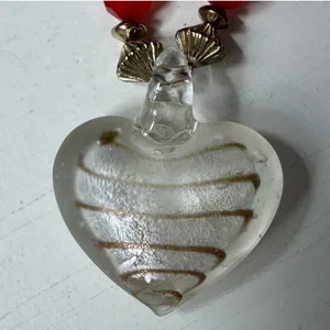 Artisan Glass‎ Heart Pendant Necklace Red Beaded Gold Tone Swirl Romantic Boho thumbnail 6