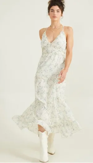 Altar'd State Posie Floral Maxi Dress with Ruffled Trim in Blue thumbnail 1