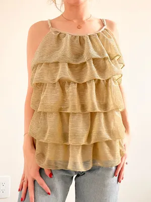 Vintage Metallic Gold Tiered Ruffle Camisole Top thumbnail 3