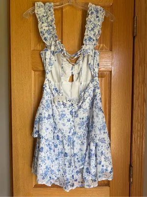 Altar'd State Mabel Blue Floral Tiered Ruffle Mini Dress Lace Up Back Size Large thumbnail 5