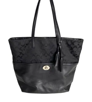 Coach Black Signature Canvas Leather Tote Bag Tassel Shoulder Purse thumbnail 1