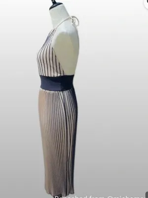 Zara Beige Pleated Halter Midi Dress with Navy Waistband thumbnail 7