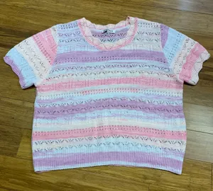 Nanette Lepore Striped Knit Sweater‎ Cropped Short Sleeve V Neck Women's Large thumbnail 1