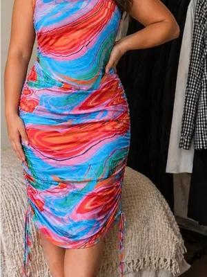 Vibrant Swirl Ruched Midi Dress in Multicolor Large Statement print thumbnail 3