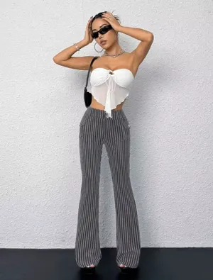 🍙 NWOT SHEIN ICON Gray/White Pinstriped Fit & Flare Pants thumbnail 11