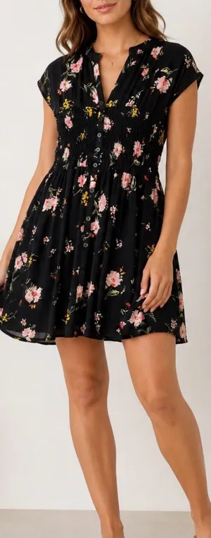 Free People Greatest Day Black Floral Smocked Boho Button Front Mini Dress thumbnail 1