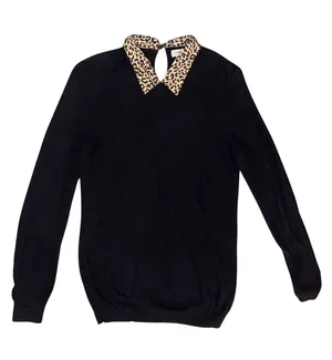 J.Crew Black Sweater with Leopard Print Collar thumbnail 1